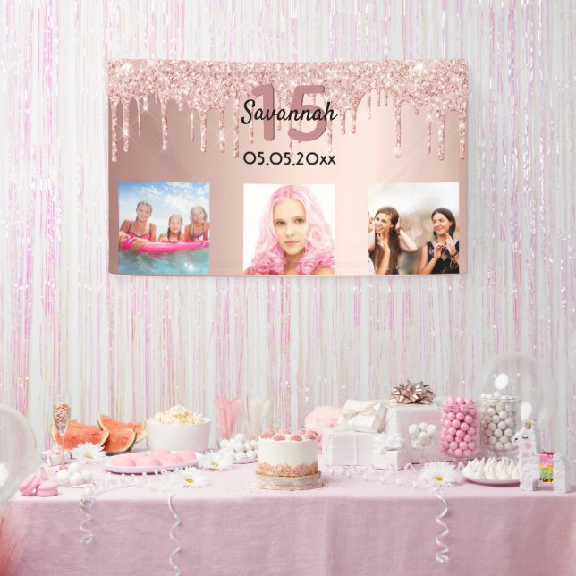 Lona Personalizado de Quinceanera rosa de foto purpurin (Fiesta)
