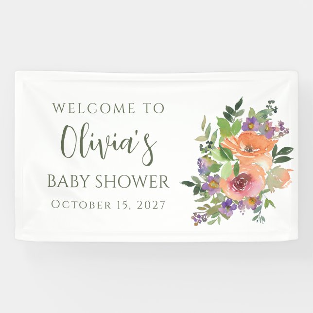 Lona Personalizado Elegante Peach Watercolor Floral Bab (Horizontal)