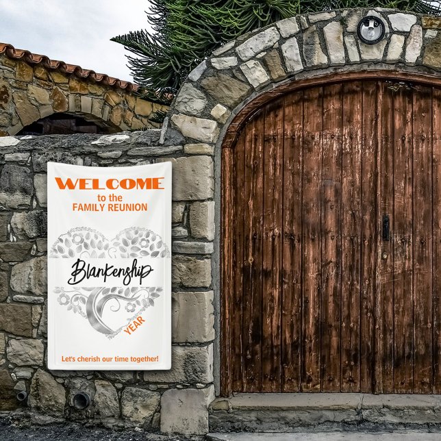 Lona Personalizado Familia Reunión  Árbol de arte de co (Welcome family with a heart tree art on white with orange text vertical format reunion banner.)