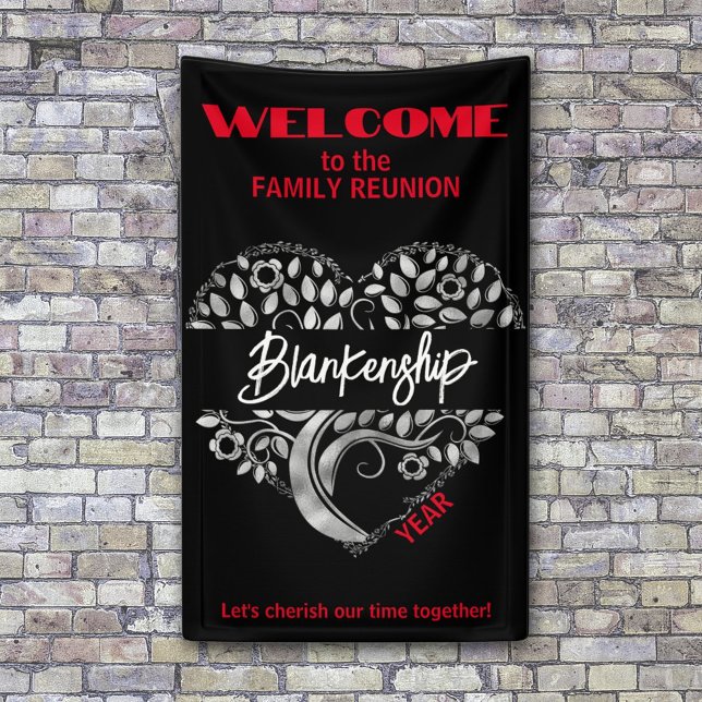 Lona Personalizado Familia Reunión Árbol de arte del co (Greet the family with a silver heart tree on a red, black and white reunion banner.)