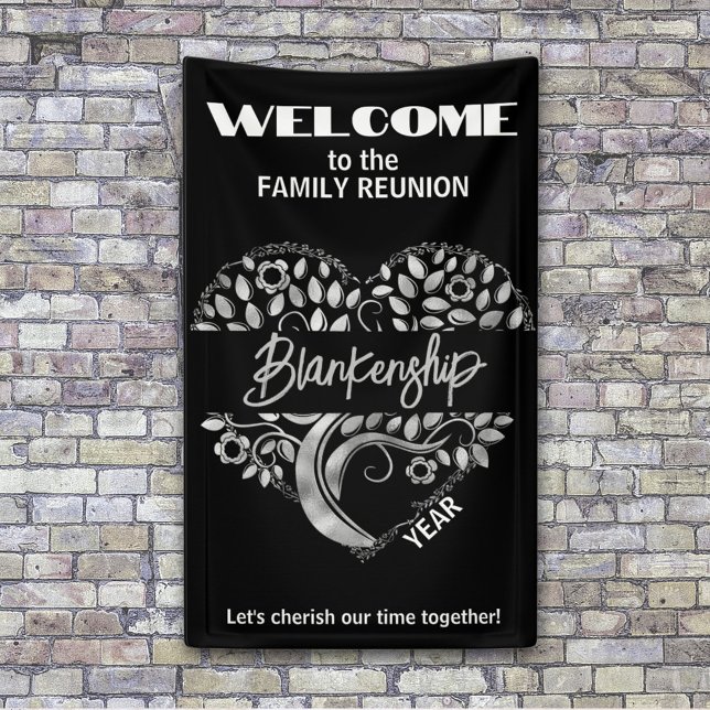 Lona Personalizado Familia Reunión Árbol de arte del co (Silver heart tree art is center of this WELCOME banner for your next family reunion. )