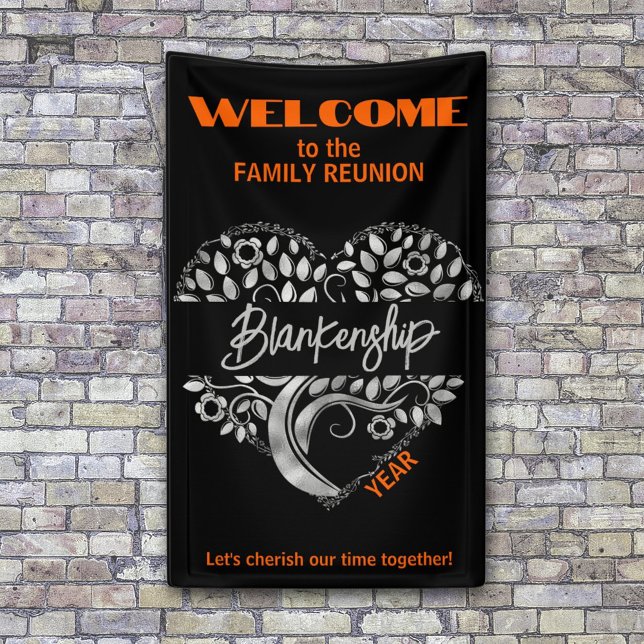 Lona Personalizado Familia Reunión Árbol de arte del co (Greet the family with a silver heart tree on an orange and black vertical format reunion banner.
)