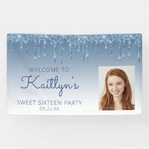 Lona Personalizado Foto: Purpurina azul Drip Sweet 16 B