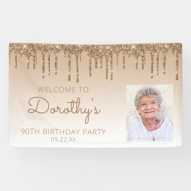 Lona Personalizado Foto Purpurina de oro Drip 90th Birt (Horizontal)