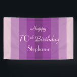 Lona Personalizar nombre Happy 70th Birthday Purple Str<br><div class="desc">Qué banner personalizado único para una fiesta de cumpleaños número 70. Un fondo de rayas moradas y tres líneas de texto púrpura pálido de su elección - adecuado para cualquier nombre,  cualquier edad. Seleccione Material interior o exterior. Todos los derechos reservados © 2016 Alan & Marcia Socolik.</div>