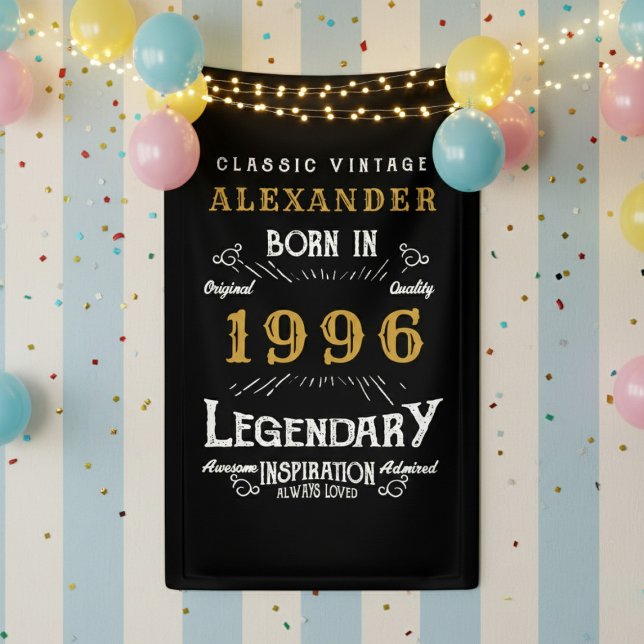 Lona Personalized 30th Birthday 1996 Vintage Legend (Born 1996 birthday banner against a striped wall.)