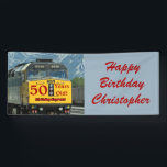 Lona Personalized 50th Birthday Railroad Train Engine<br><div class="desc">What a unique banner for a 50th Birthday Party (or any year). It is decorated with our original photograph of a yellow railroad train engine with red text. You can personalize three additional lines of red text of your choosing - suitable for any name or age. Select Indoor or Outdoor...</div>