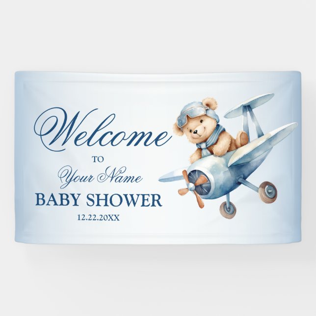 Lona Piloto de bienvenida para bebés con oso avión azul (Horizontal)