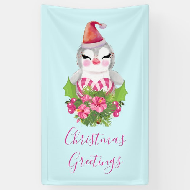 Lona Pingüino de Navidades burdos en Santa Hat (Vertical)