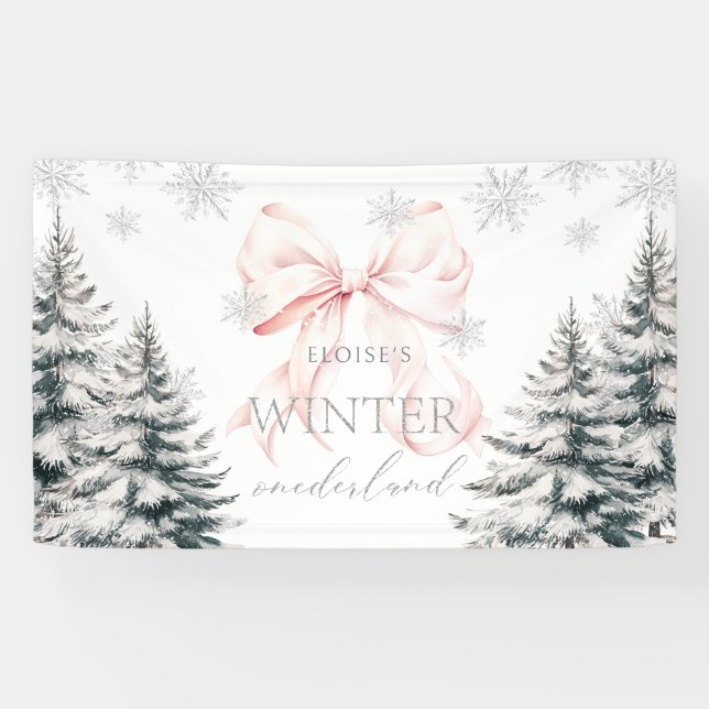 Lona Pink Bow Pine Trees Winter Onederland 1er cumpleañ (Horizontal)