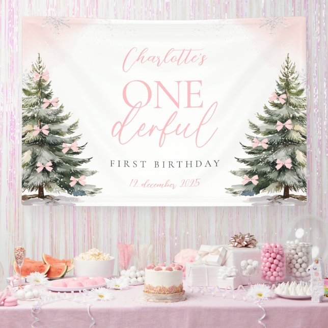 Lona Pink Bow Pine Trees Winter Onederland 1st Birthday (Fiesta)