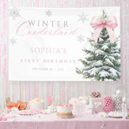 Lona Pink Bow Winter Onederland First Birthday Banner