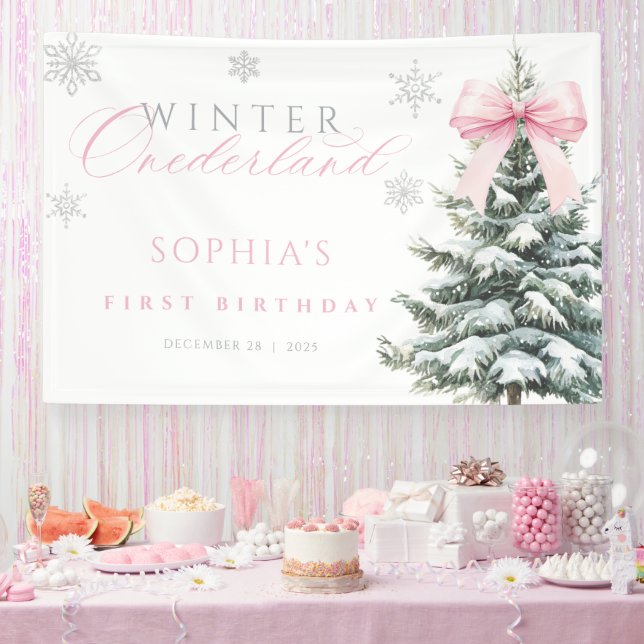 Lona Pink Bow Winter Onederland First Birthday Banner (Fiesta)