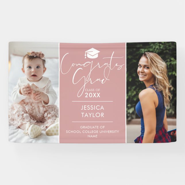 Lona Pink Entonces Y Ahora 2 Photo Graduation Party (Horizontal)