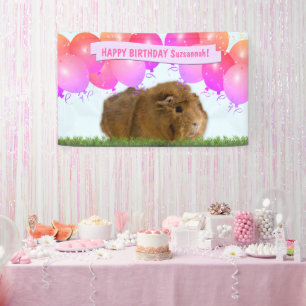Lona Pink Happy Birday Balloons jengibre Guinea Pig Ba
