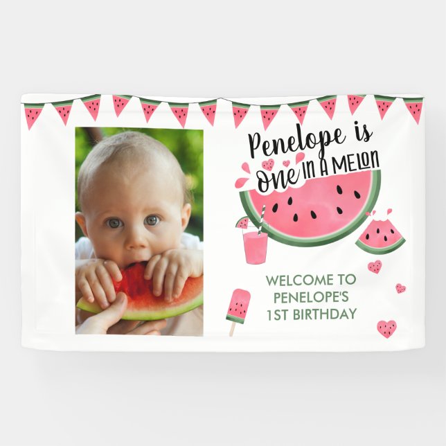 Lona Pink One In A Melon Photo Chica Primer Cumpleaños (Horizontal)