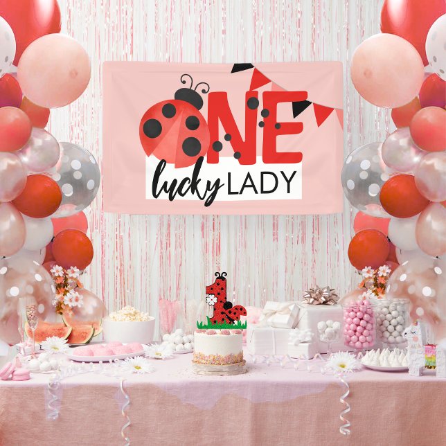 Lona Pink One Lucky Lady Watercolor Ladybug Cumpleaños (One Lucky Lady Watercolor Ladybug 1st Birthday Party Vinyl Hanging Banner)