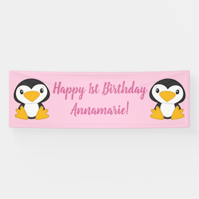 Lona Pink, partido de cumpleaños del pingüino (Horizontal)