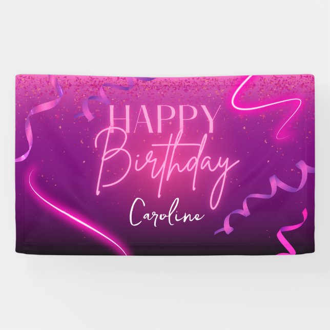 Lona Pink Purple Confetti Neon Lights Happy Birday (Horizontal)