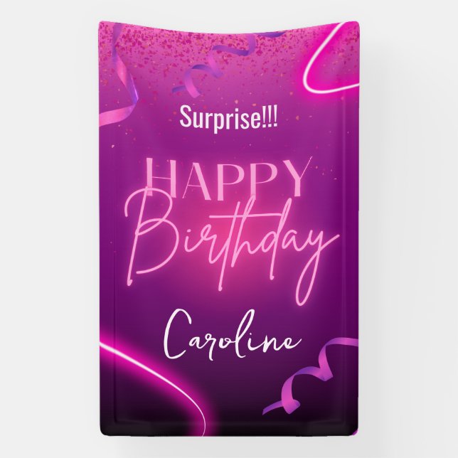 Lona Pink Purple Confetti Neon Surprise Feliz Cumpleaño (Vertical)