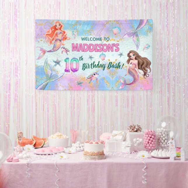 Lona Pink Purple Glitter Mermaids 10th Birthday Welcome (Fiesta)