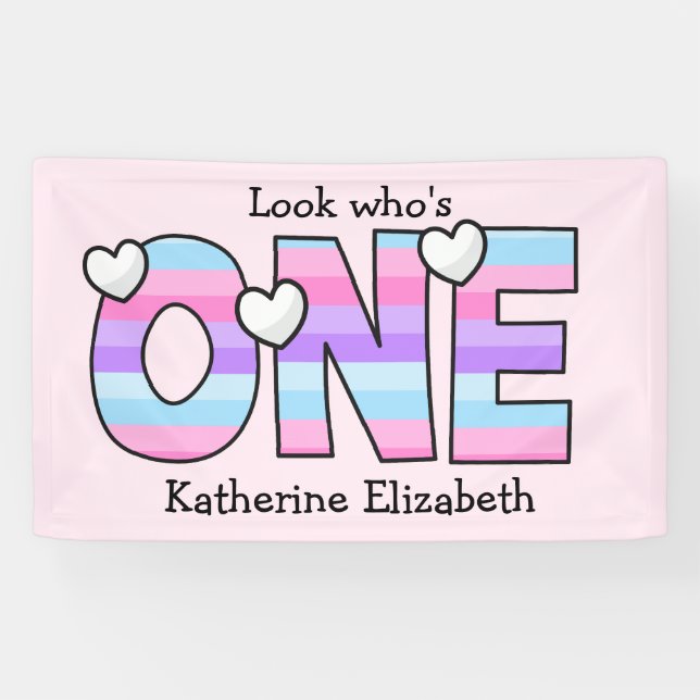 Lona Pink Purple Ombre Stripes Hearts First Birday (Horizontal)