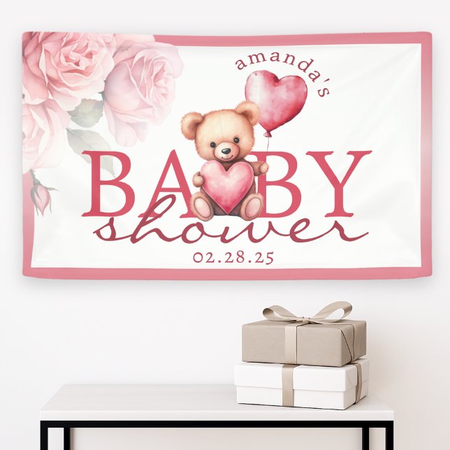 Lona Pink Watercolor Teddy Bear Baby Shower (Subido por el creador)