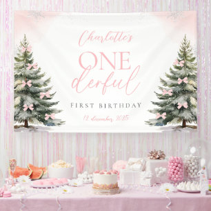 Lona Pinos con Lazo Rosa Invierno Onederland Cumpleaños