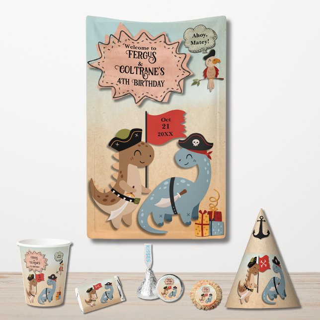 Lona Pirata de los Dinosaurios Twin Boys Personalizado  (Treat your Twin Boys to a Dinosaur Pirate Birthday Party, and welcome their guests wth this banner.)