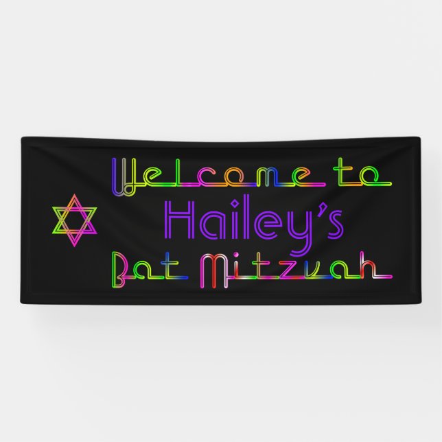 Lona PixDezines Neon Luces Bat Mitzvah Banner 6'x2.5' (Horizontal)