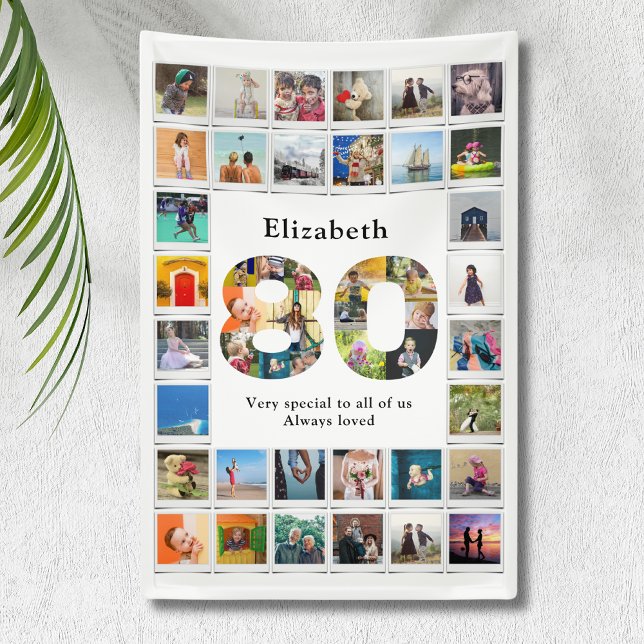 Lona Plantilla de foto de cumpleaños 80 (Personalized 80th birthday banner with photo collage template.)