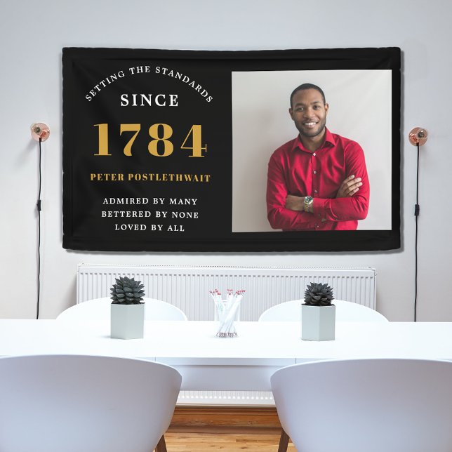 Lona Plantilla de fotografía Fiesta de cumpleaños Oro n (Black and gold birthday wall banner. Any age with photo template and easy to edit text.)