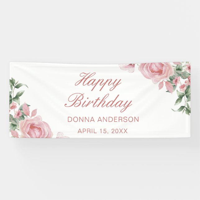 Lona Plato de cumpleaños con rosa floral rosa (Horizontal)