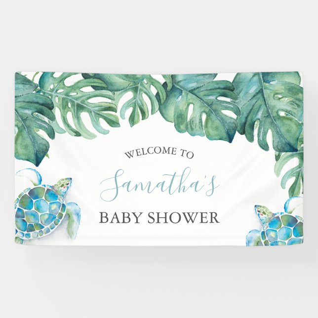 Lona Playa Baby Shower de tortuga marina tropical (Horizontal)