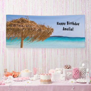 Lona Playa Tropical Escénica con Cumpleaños de Paraguas