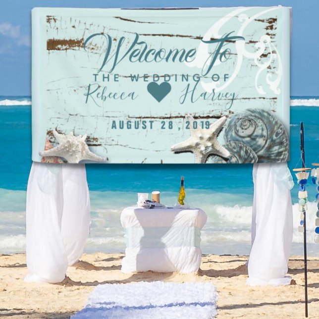 Lona playa tropical mar azul conchas de mar boda (tropical beach aqua blue seashell wedding banner)