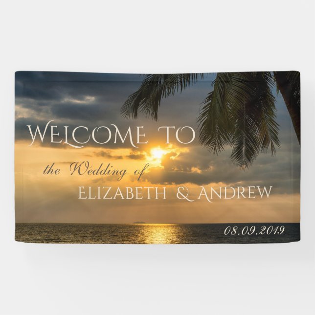 Lona Playa Tropical, Palm, Sunset, Banner Boda (Horizontal)