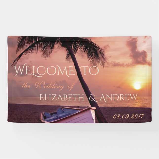Lona Playa Tropical, Palm, Sunset, Banner Boda de barco (Horizontal)