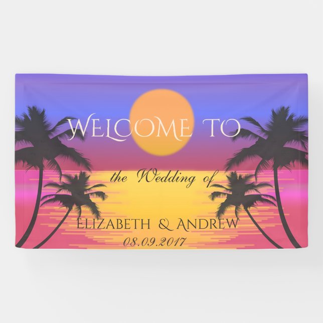 Lona Playa Tropical, Palmeras, Banner Boda Sunset (Horizontal)