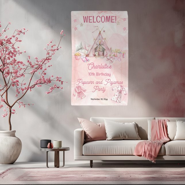 Lona Popcorn rosa y fiesta de cumpleaños de pijamas (Pink "Popcorn and Pajamas" Slumber | Sleepover Birthday Party Banner - Vertical - Any Age)