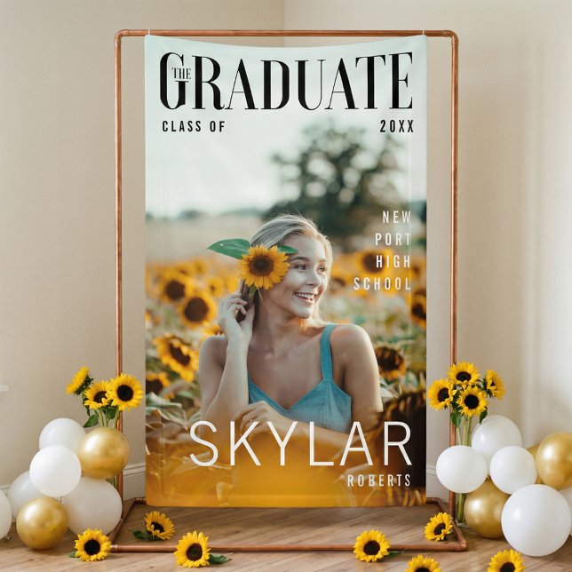 Lona Portada de revista de moda inspirada en graduación (Graduation Trendy Magazine Photo Cover Banner)
