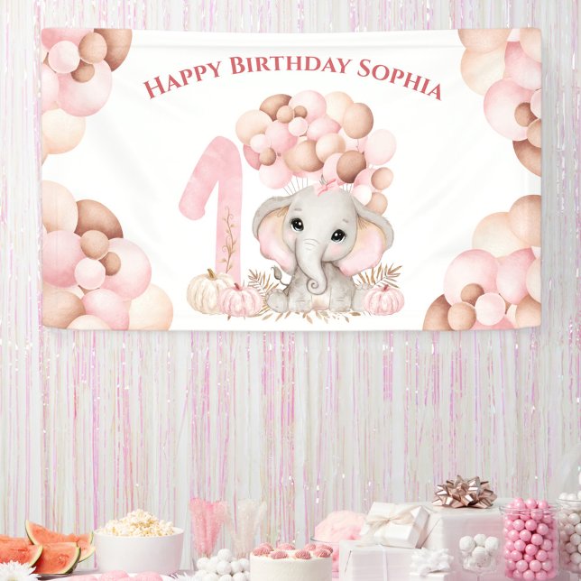 Lona Primer cartel de Chica del Elefante de Cumpleaños (First Birthday Fall Elephant Girl Banner)