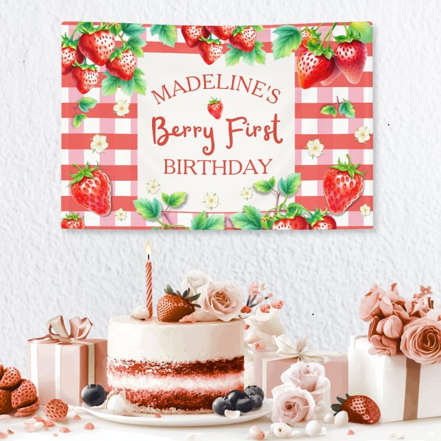 Lona Primer cumpleaños de Berry - Fresa 1B (berry sweet girl birthday party)