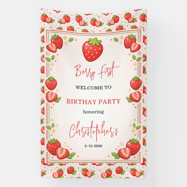 Lona Primer cumpleaños de Berry | Primer cumpleaños de  (Berry First Birthday | Strawberry 1st Birthday Banner
)
