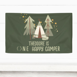 Lona Primer cumpleaños de Cute Happy Camper Green Woodl