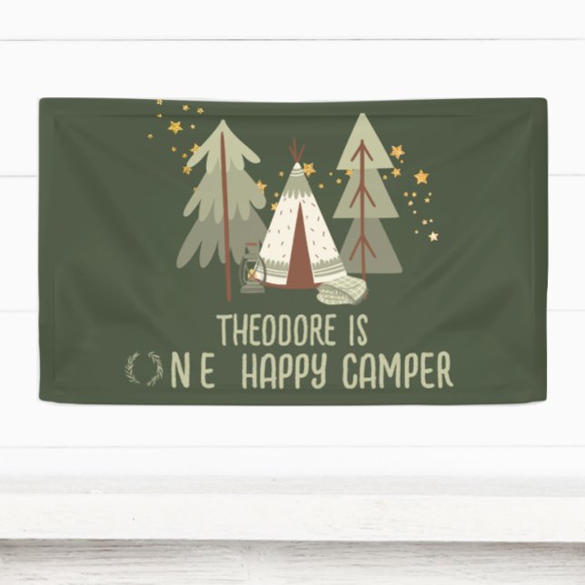 Lona Primer cumpleaños de Cute Happy Camper Green Woodl (Subido por el creador)