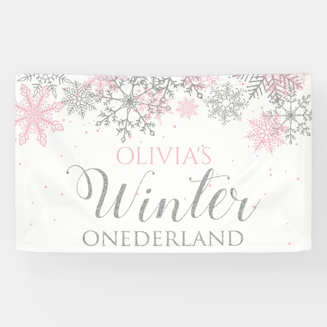Lona Primer cumpleaños de la nieve rosa de Onederland (Horizontal)