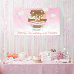 Lona Primer cumpleaños de Pink Noah's Ark Baby Shower