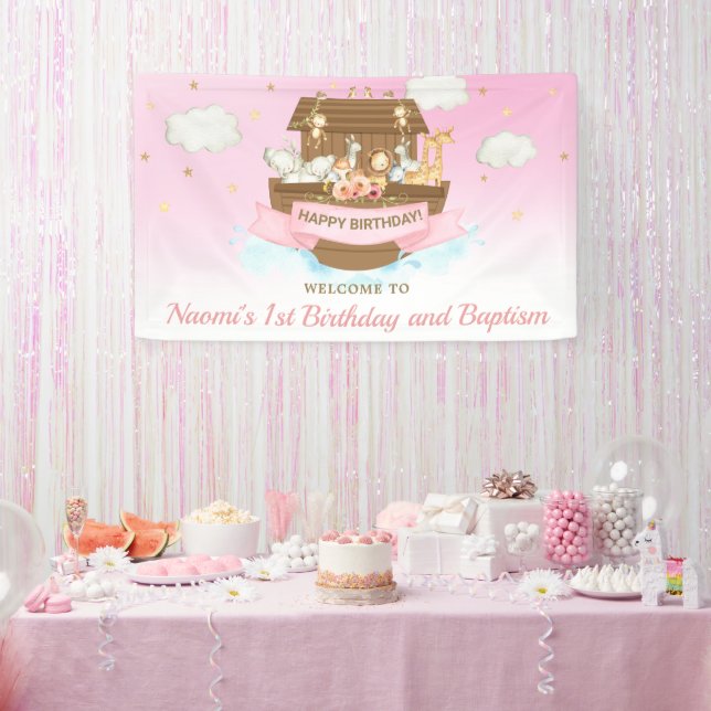 Lona Primer cumpleaños de Pink Noah's Ark Baby Shower (Fiesta)