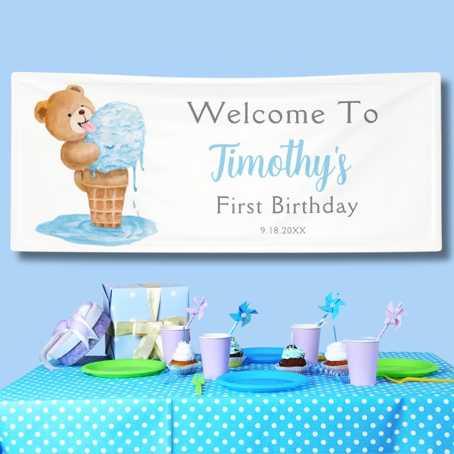 Lona Primer cumpleaños niño Teddy Bear Crema de hielo (Subido por el creador)